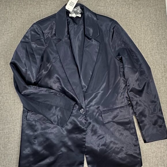 NEW! "And Now This" Trendy Satin Jacket Plus OX‎ Midnight Blue one button $69 - Picture 3 of 12